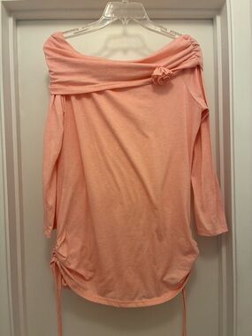 Off-Shoulder Peach Knit Top with Decorative Rosette